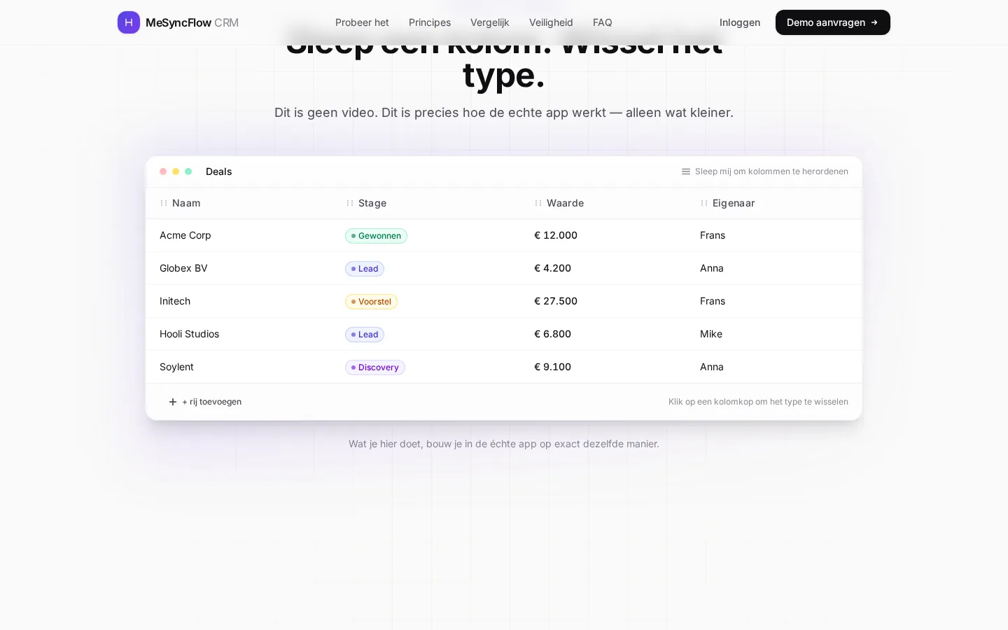 MeSyncFlow — De datatabel werkt precies als de echte app: sleep kolommen en wissel het veldtype.