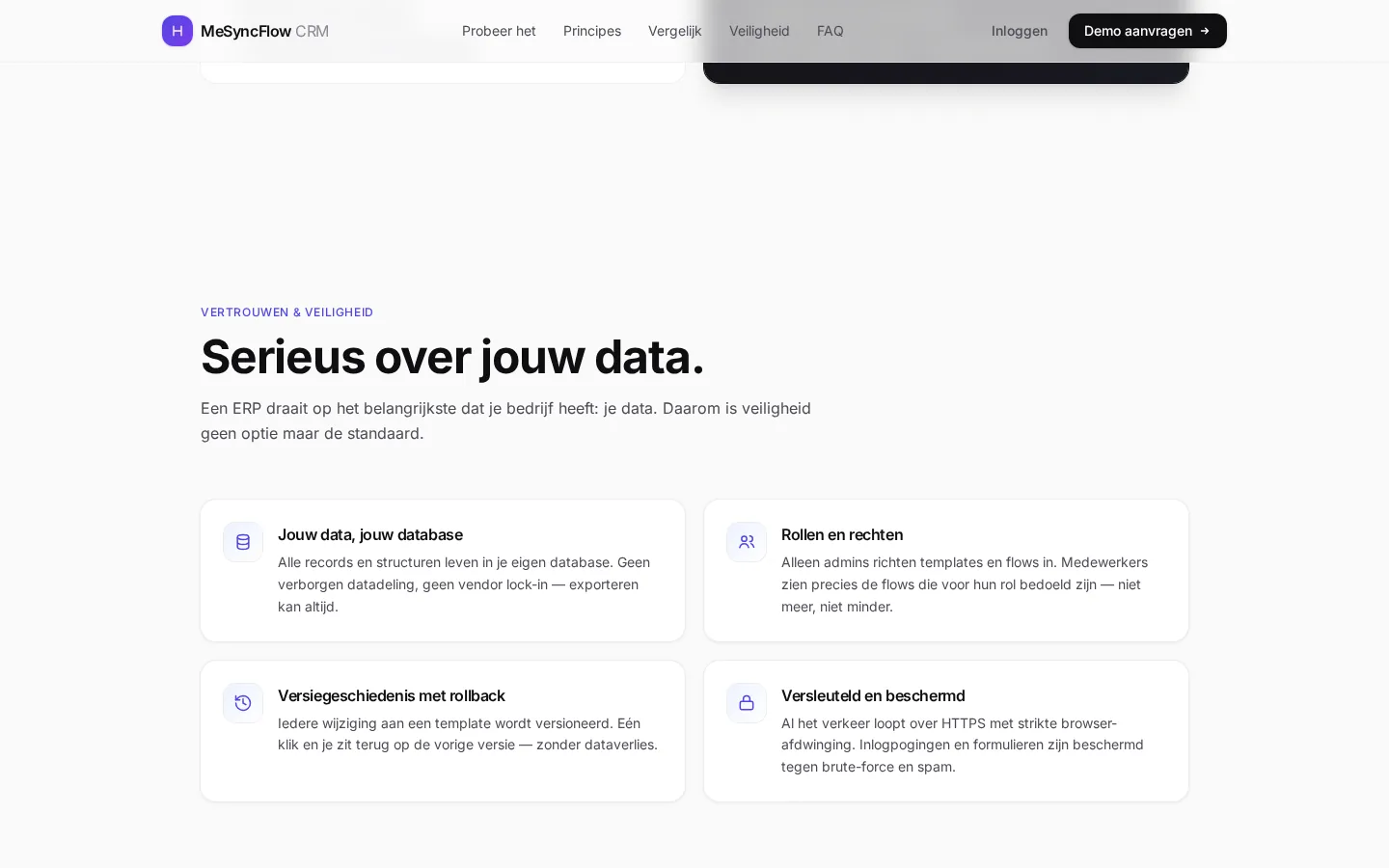 MeSyncFlow — Rollen en rechten, versiegeschiedenis en versleuteling — veiligheid als standaard.