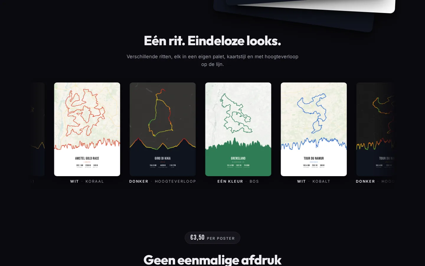 RouteFrame — Eén rit, eindeloze looks: 30+ paletten en 6 kaartstijlen, met het hoogteverloop op de lijn.