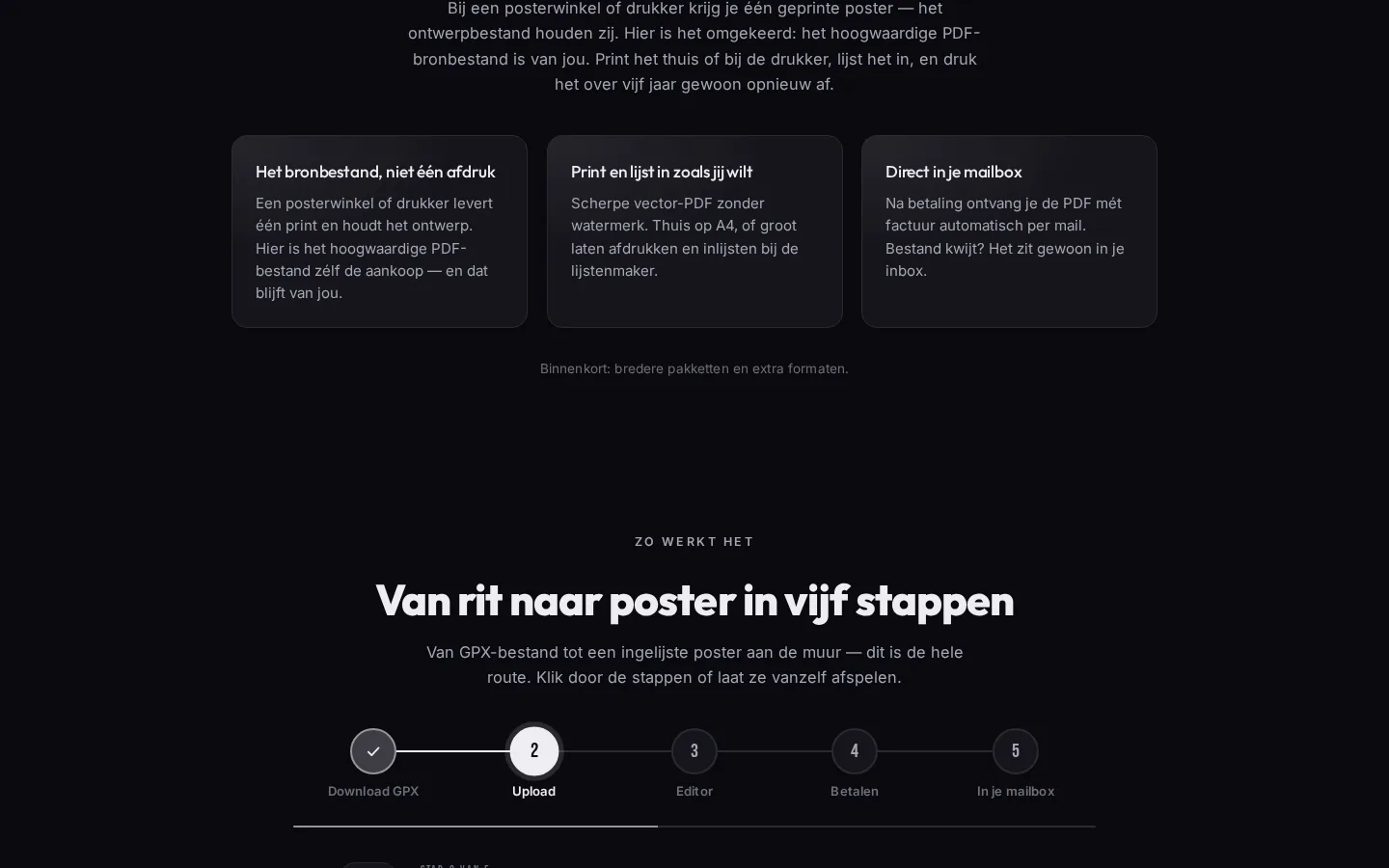 RouteFrame — Van rit naar poster in vijf stappen — inclusief uitleg hoe je je GPX exporteert.